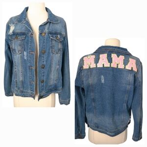 Judith March Mama Blue & Pink Distressed Denim Jean Jacket